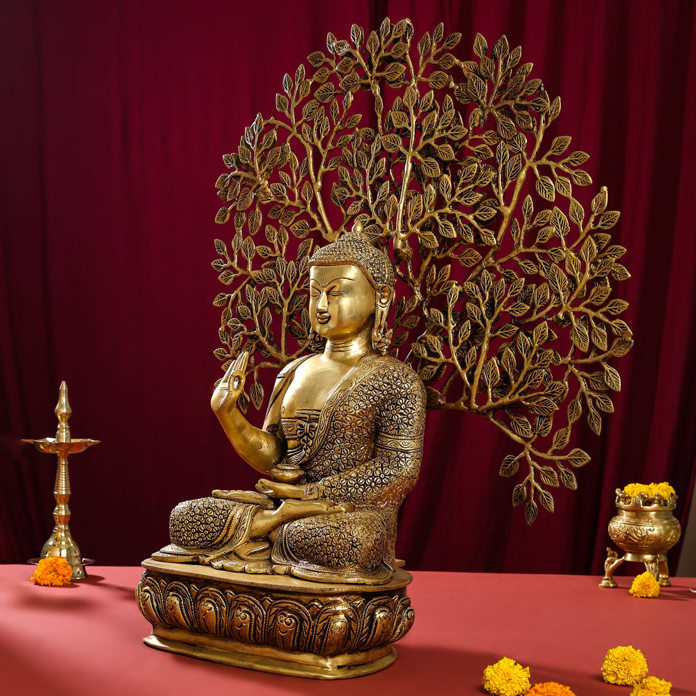 Brass Home Decor Buddha Statue With Tree (26 Inch) Vedansh Craft
