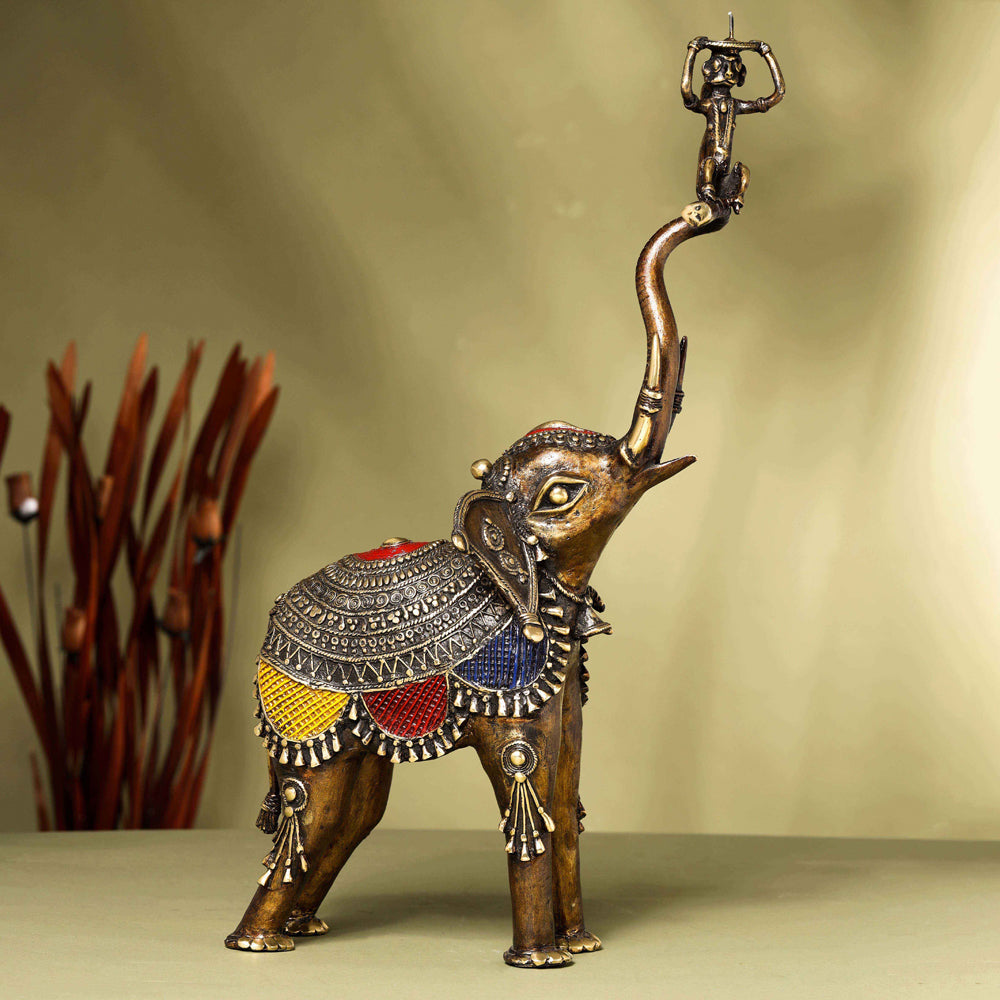 Brass Dhokra up Trunk Monkey Elephant Statue (23.5 Inch) Vedansh Craft