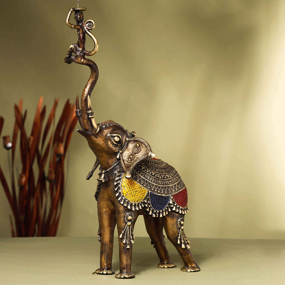 Brass Dhokra up Trunk Monkey Elephant Statue (23.5 Inch) Vedansh Craft