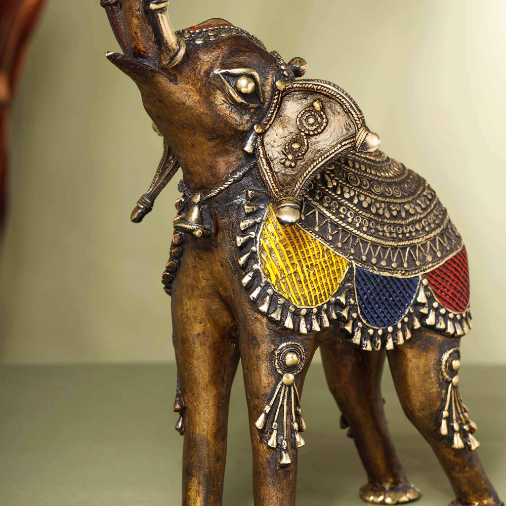 Brass Dhokra up Trunk Monkey Elephant Statue (23.5 Inch) Vedansh Craft