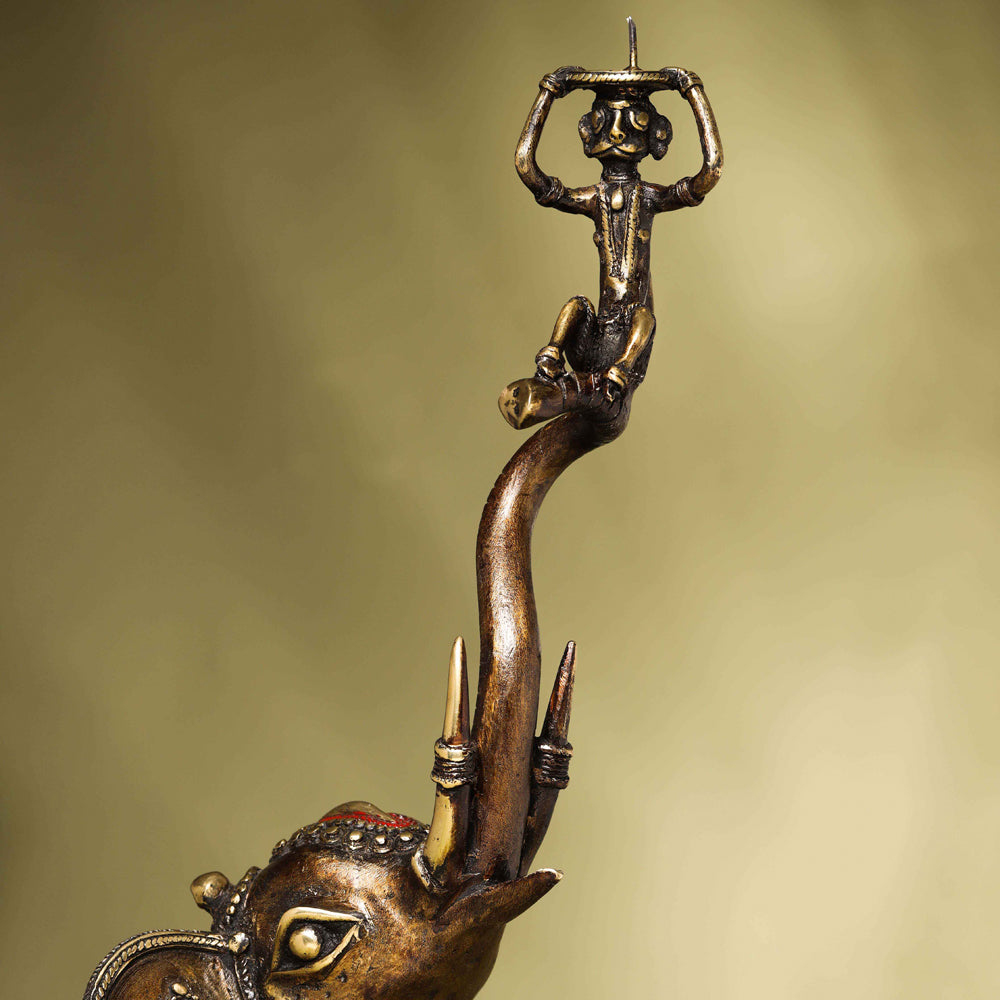 Brass Dhokra up Trunk Monkey Elephant Statue (23.5 Inch) Vedansh Craft