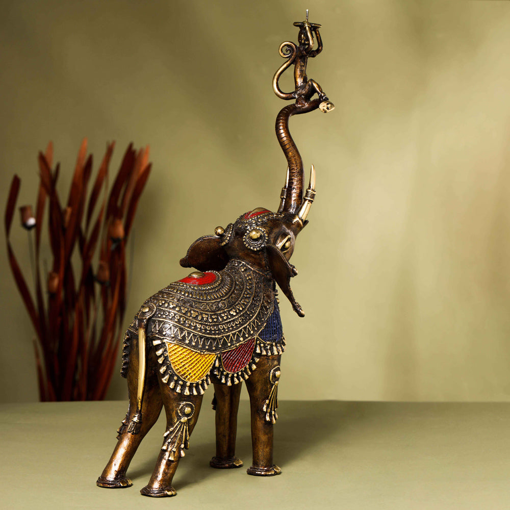 Brass Dhokra up Trunk Monkey Elephant Statue (23.5 Inch) Vedansh Craft