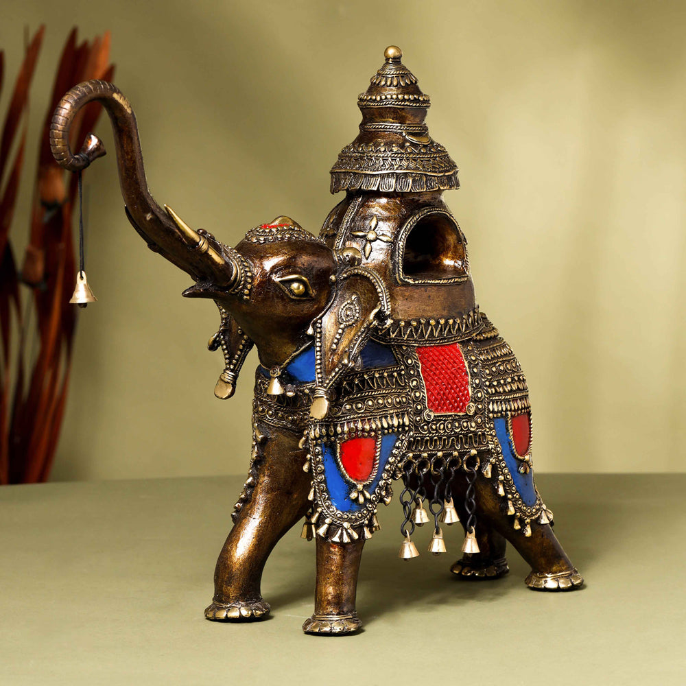 Brass Dhokra Elephant up Trunk Statue with Temple (15.5 Inch) Vedansh Craft