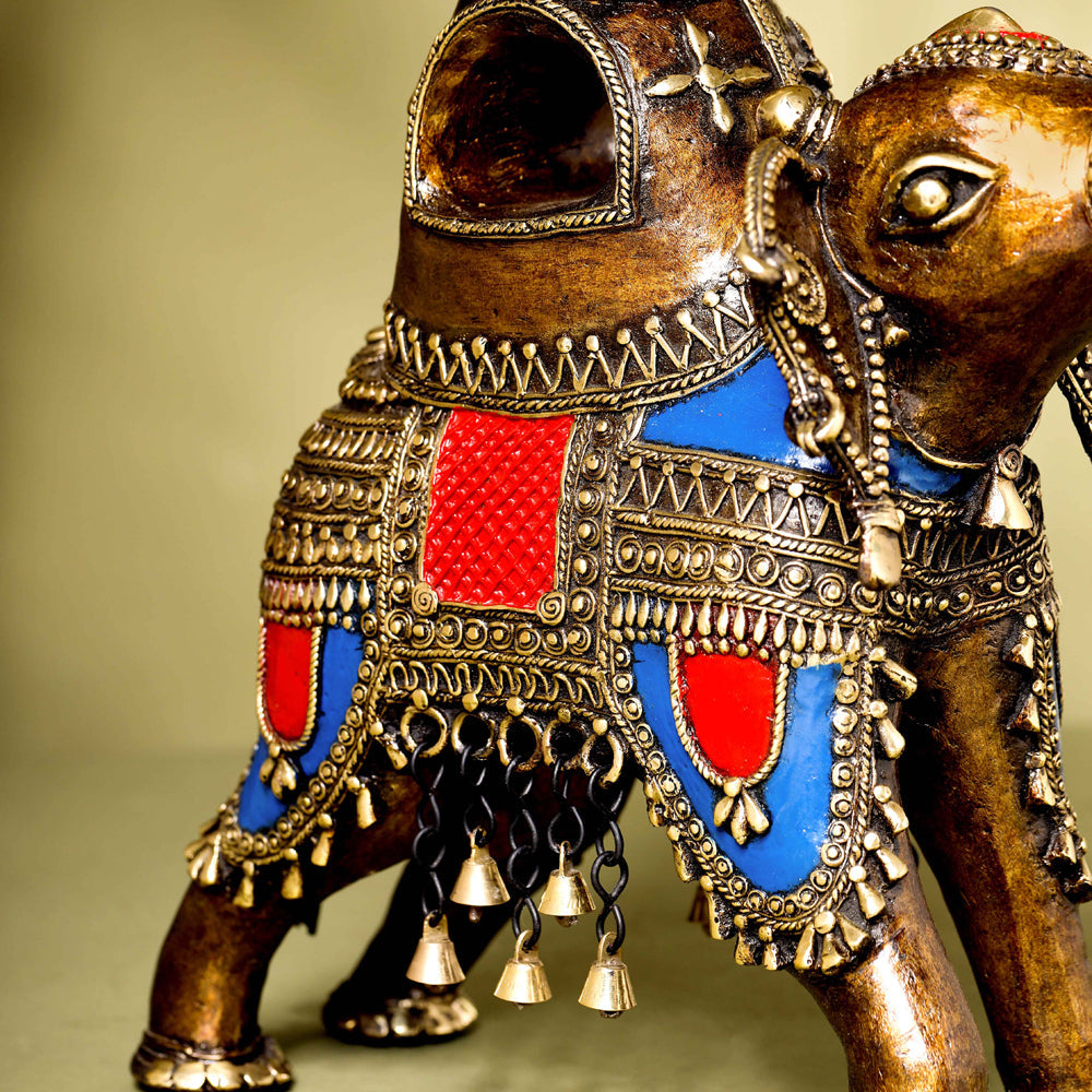 Brass Dhokra Elephant up Trunk Statue with Temple (15.5 Inch) Vedansh Craft