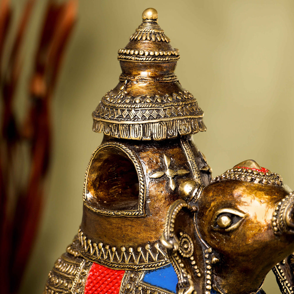 Brass Dhokra Elephant up Trunk Statue with Temple (15.5 Inch) Vedansh Craft