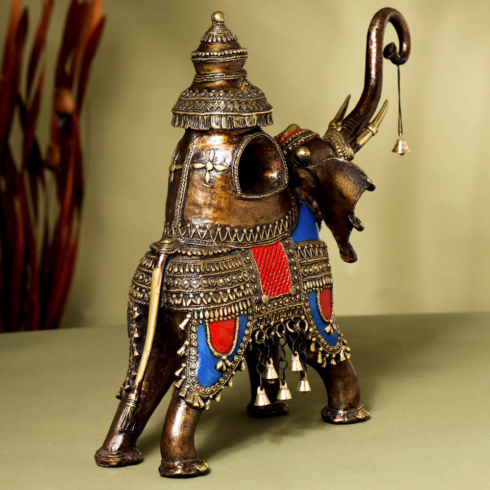 Brass Dhokra Elephant up Trunk Statue with Temple (15.5 Inch) Vedansh Craft