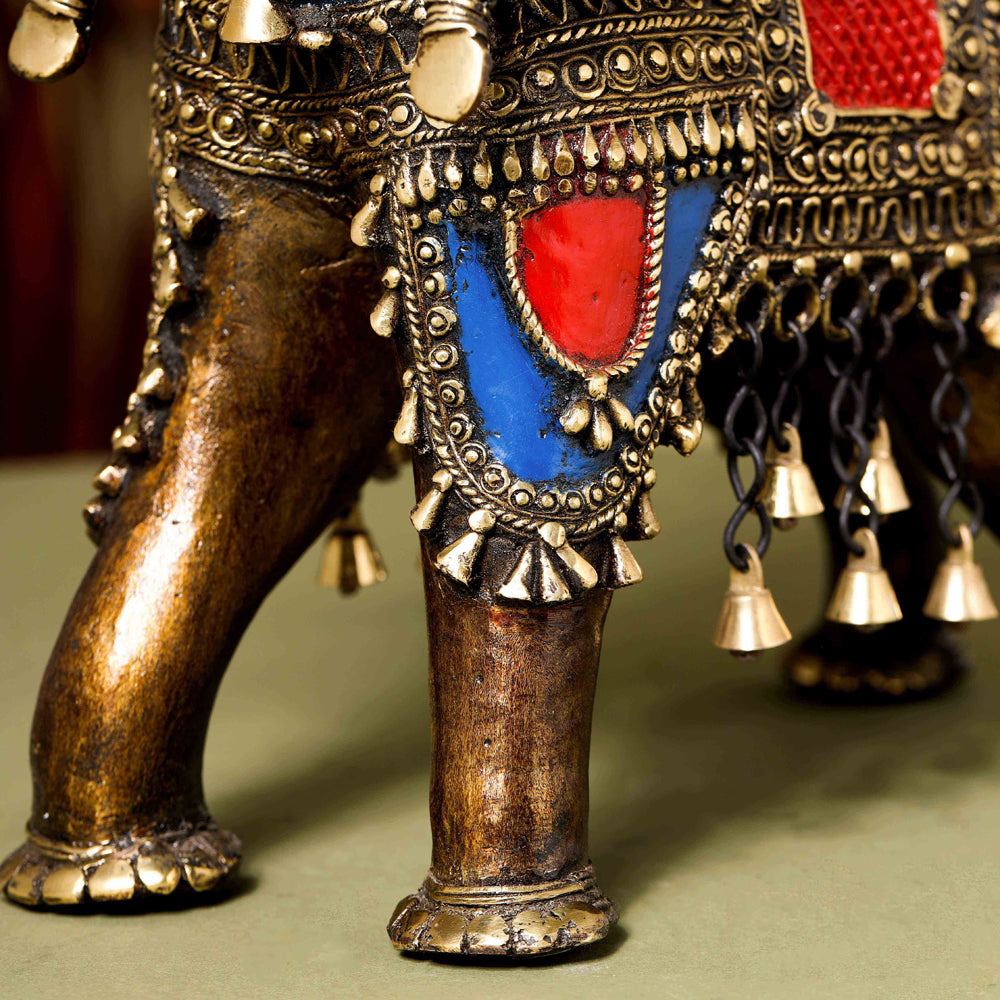 Brass Dhokra Elephant up Trunk Statue with Temple (15.5 Inch) Vedansh Craft