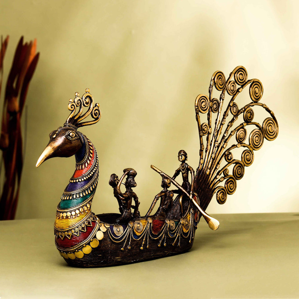 Brass Dhokra Peacock Five Men Boat (13 Inch) Vedansh Craft