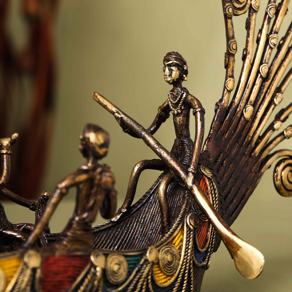 Brass Dhokra Peacock Five Men Boat (13 Inch) Vedansh Craft