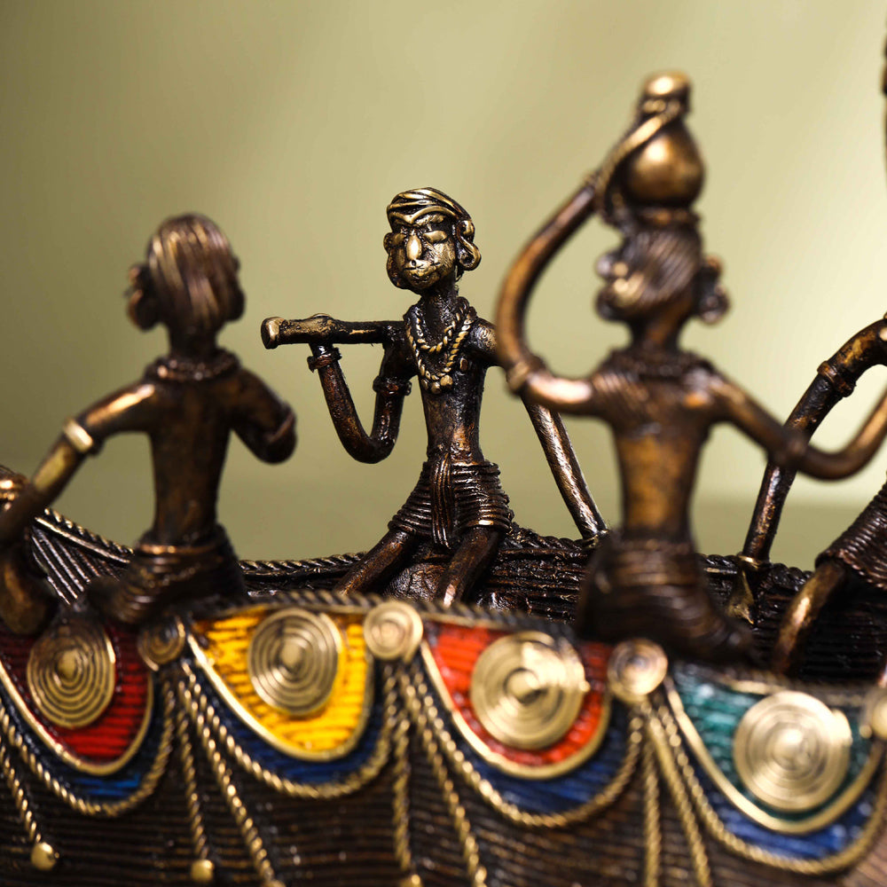 Brass Dhokra Peacock Five Men Boat (13 Inch) Vedansh Craft