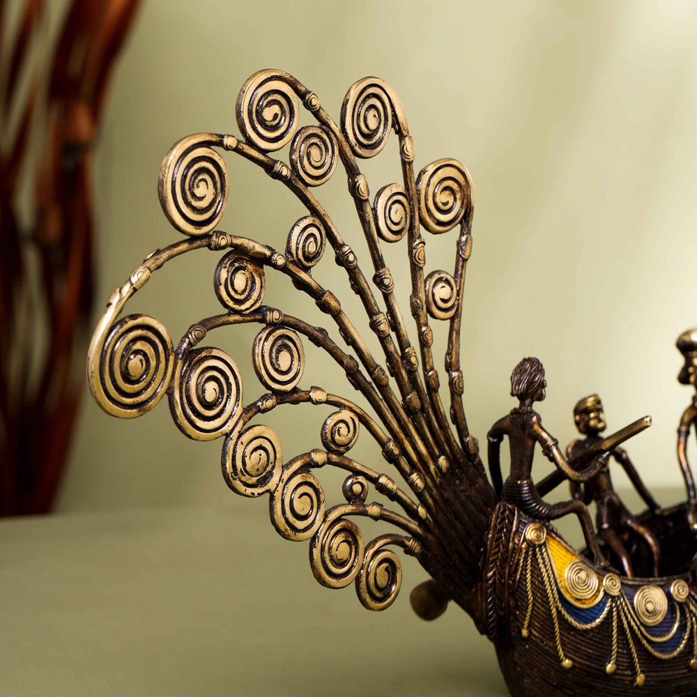 Brass Dhokra Peacock Five Men Boat (13 Inch) Vedansh Craft
