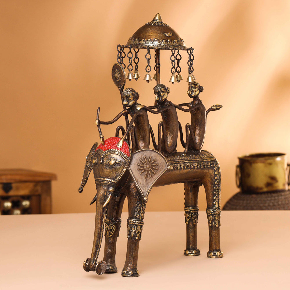 Brass Dhokra Three Monkey Elephant Statue (17.5 Inch) Vedansh Craft