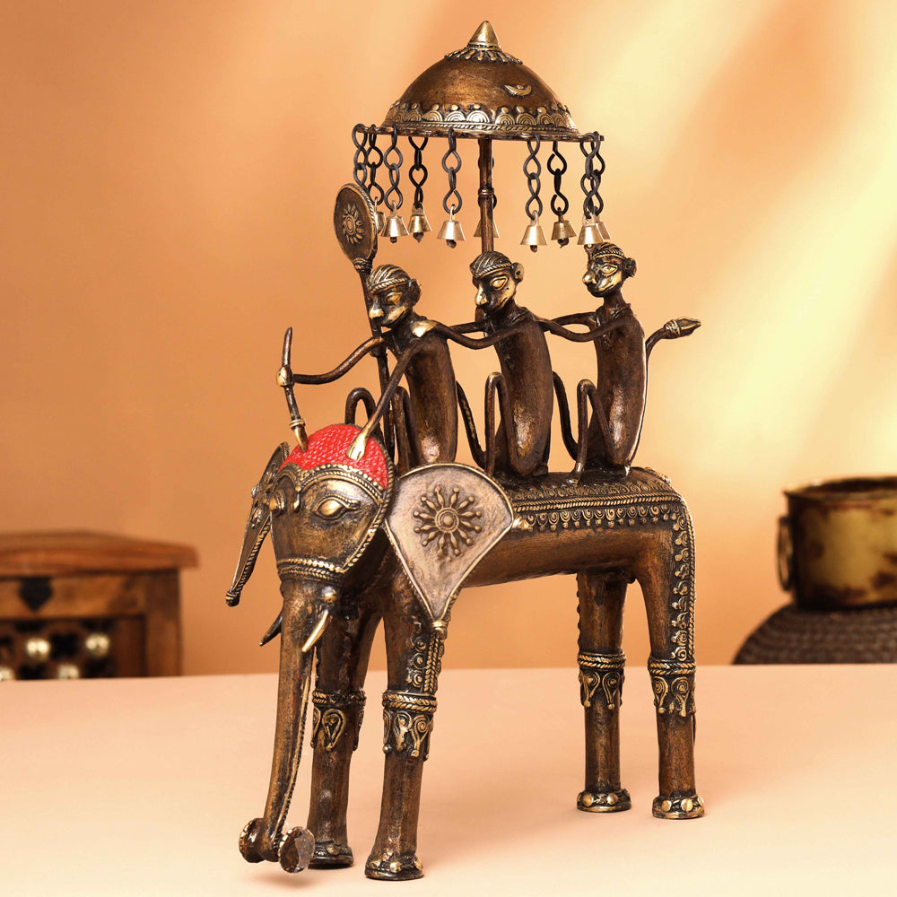 Brass Dhokra Three Monkey Elephant Statue (17.5 Inch) Vedansh Craft