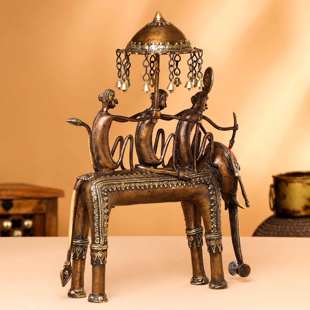 Brass Dhokra Three Monkey Elephant Statue (17.5 Inch) Vedansh Craft
