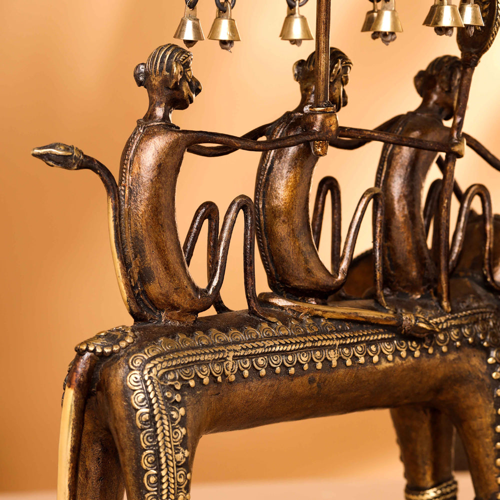 Brass Dhokra Three Monkey Elephant Statue (17.5 Inch) Vedansh Craft
