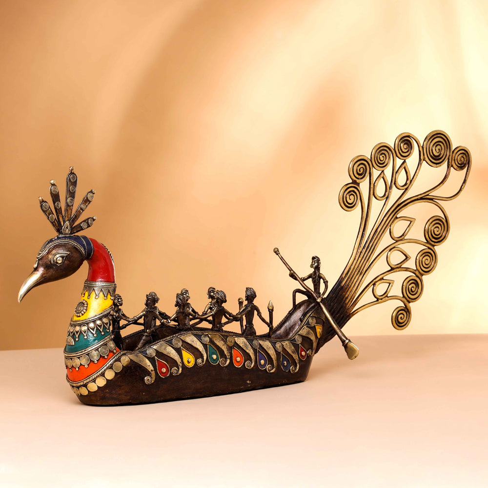 Brass Dhokra Peacock Nine Men Boat (15.5 Inch) Vedansh Craft