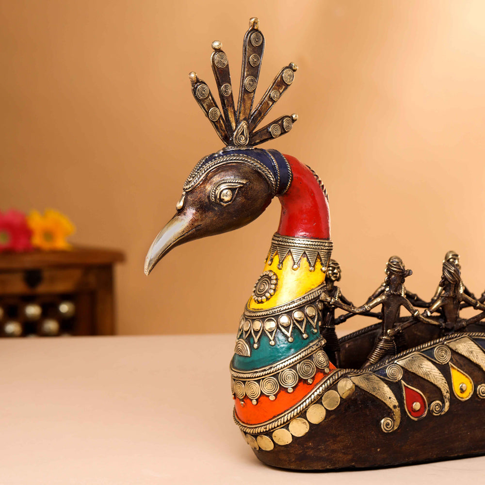 Brass Dhokra Peacock Nine Men Boat (15.5 Inch) Vedansh Craft