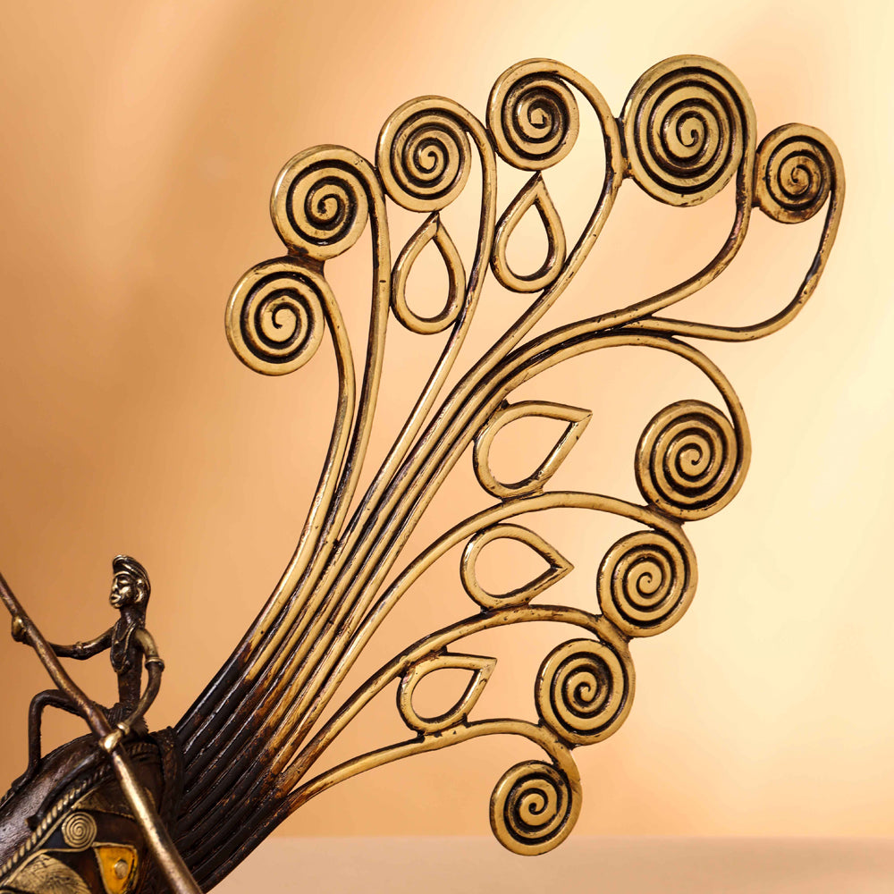 Brass Dhokra Peacock Nine Men Boat (15.5 Inch) Vedansh Craft