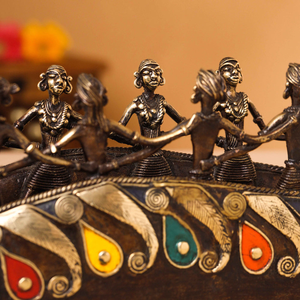 Brass Dhokra Peacock Nine Men Boat (15.5 Inch) Vedansh Craft