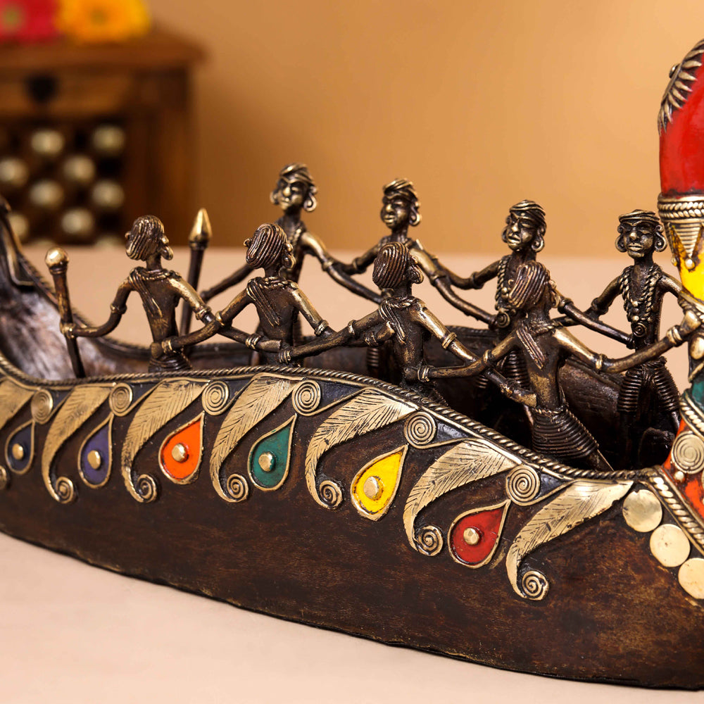 Brass Dhokra Peacock Nine Men Boat (15.5 Inch) Vedansh Craft