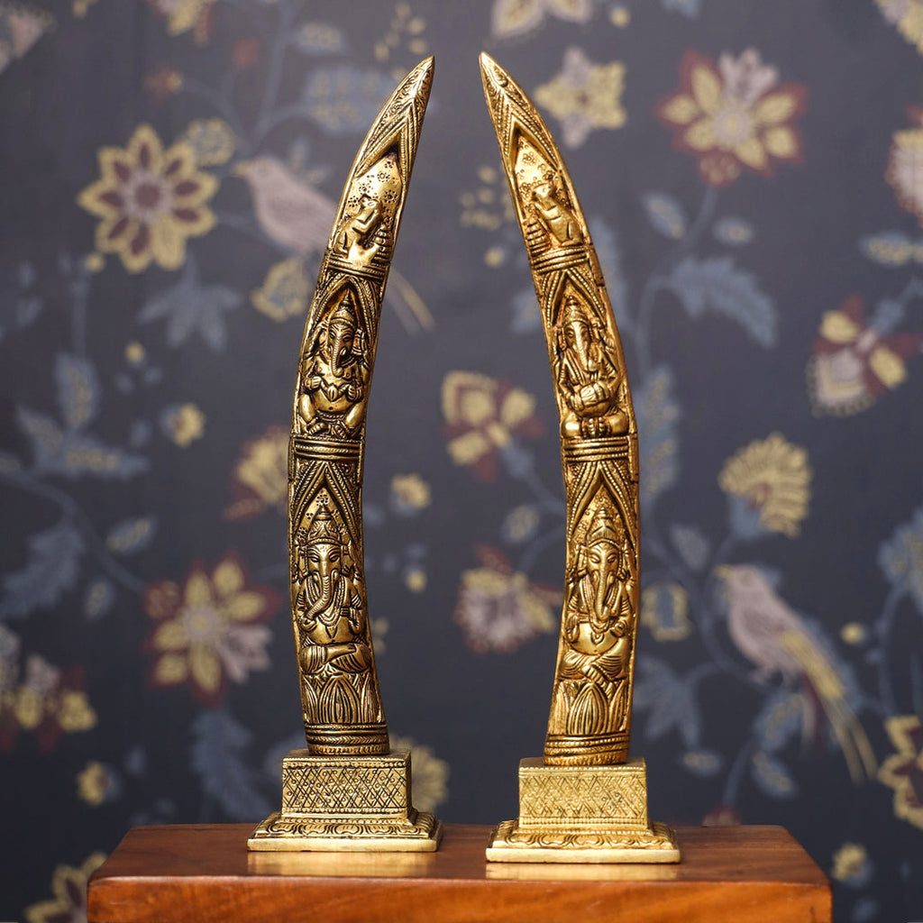 Brass Ganesha Design Elephant Tusk Set (12.5 Inch) Vedansh Craft