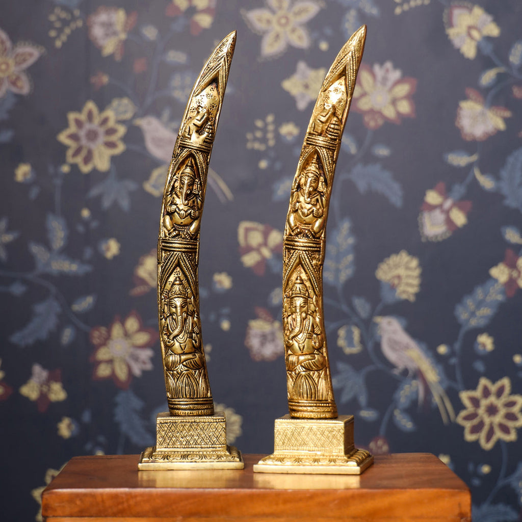Brass Ganesha Design Elephant Tusk Set (12.5 Inch) Vedansh Craft