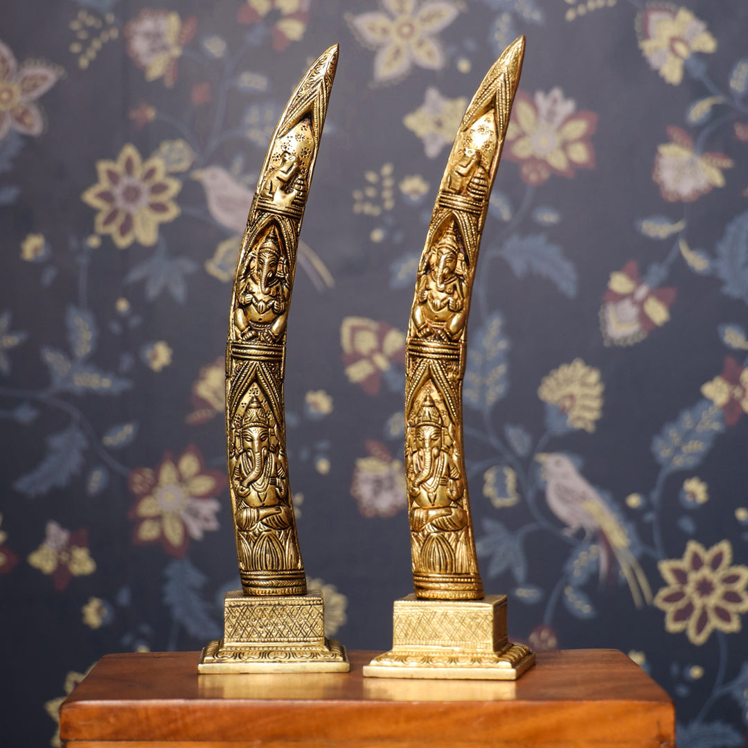 Brass Ganesha Design Elephant Tusk Set (12.5 Inch) Vedansh Craft