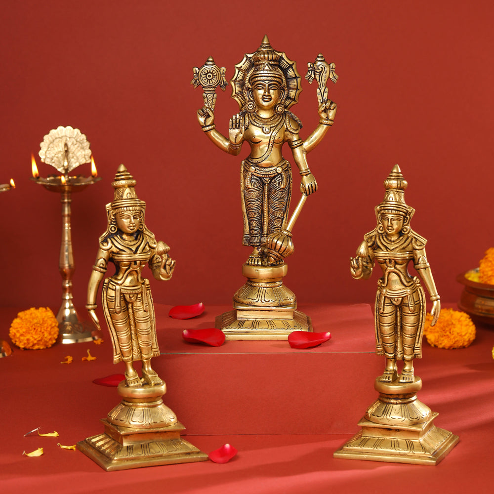 Brass Lord Balaji with Sri Devi and Bhudevi Idols Set Vedansh Craft