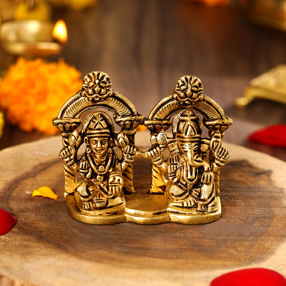 Brass Sitting Ganesha And Lakshmi Idols (3 Inch) Vedansh Craft