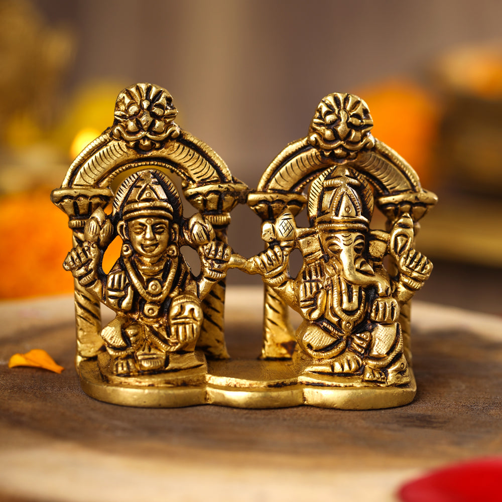 Brass Sitting Ganesha And Lakshmi Idols (3 Inch) Vedansh Craft