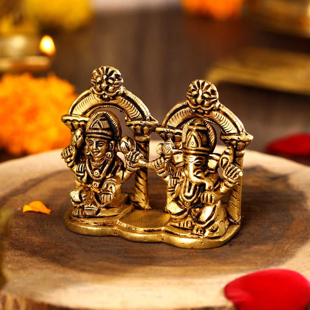 Brass Sitting Ganesha And Lakshmi Idols (3 Inch) Vedansh Craft