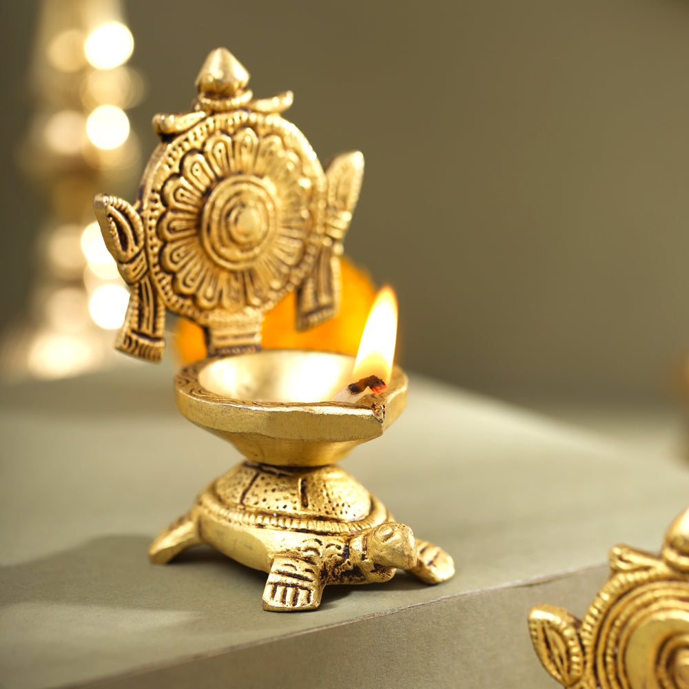 Brass Tortoise Shankh Chakra Diya Set (4 Inch) Vedansh Craft