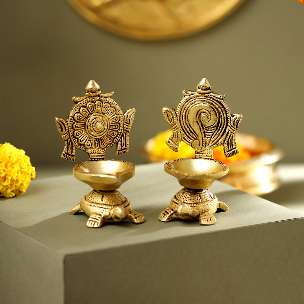 Brass Tortoise Shankh Chakra Diya Set (4 Inch) Vedansh Craft