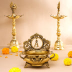 Brass Hand-Carved Urli With Bell (7 Inch) Vedansh Craft