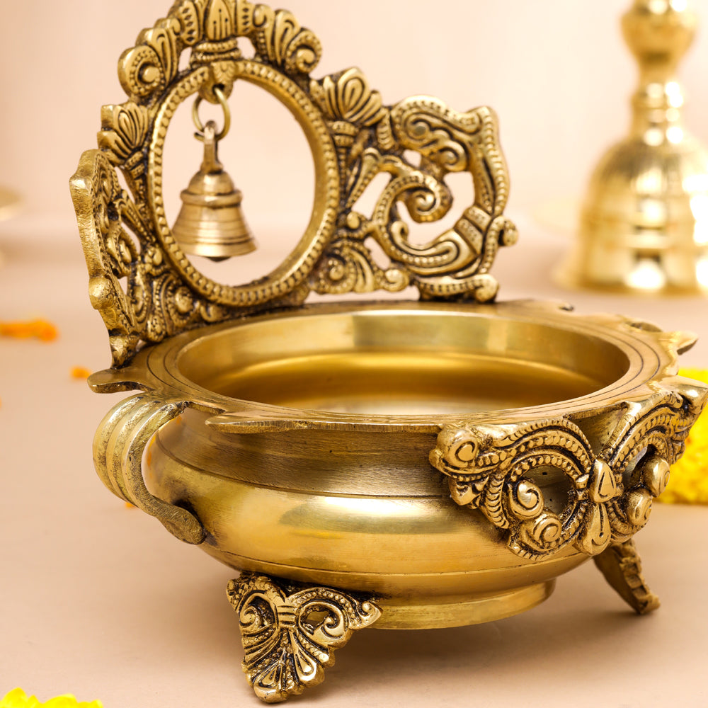 Brass Hand-Carved Urli With Bell (7 Inch) Vedansh Craft