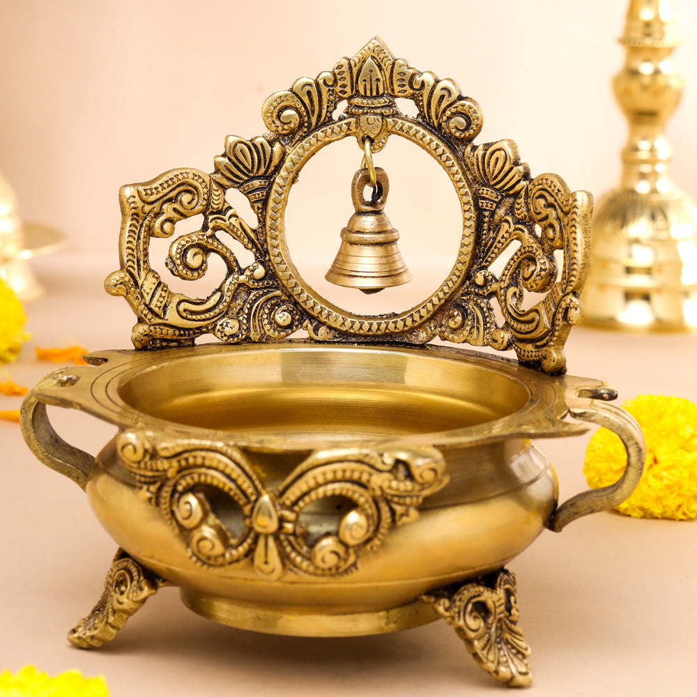 Brass Hand-Carved Urli With Bell (7 Inch) Vedansh Craft