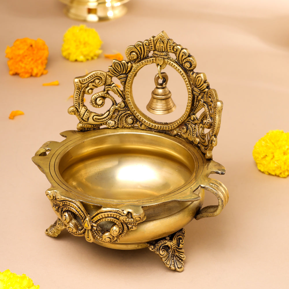 Brass Hand-Carved Urli With Bell (7 Inch) Vedansh Craft