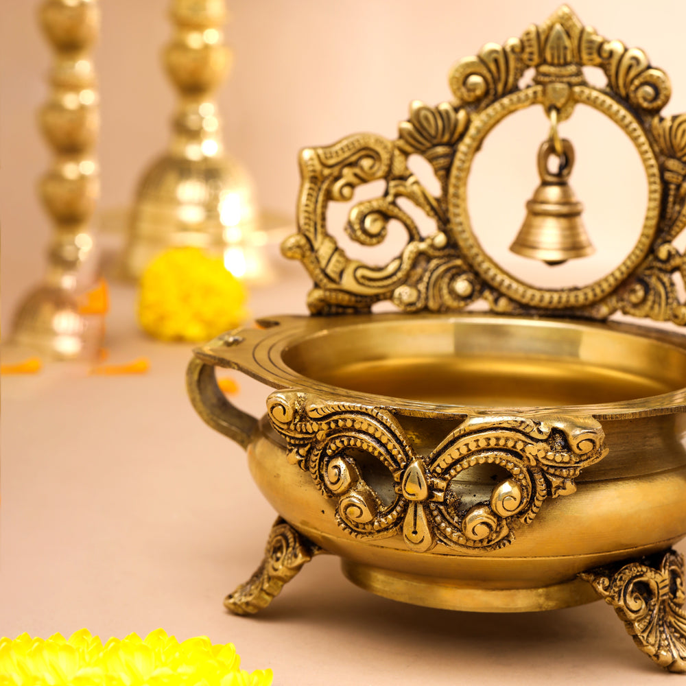 Brass Hand-Carved Urli With Bell (7 Inch) Vedansh Craft
