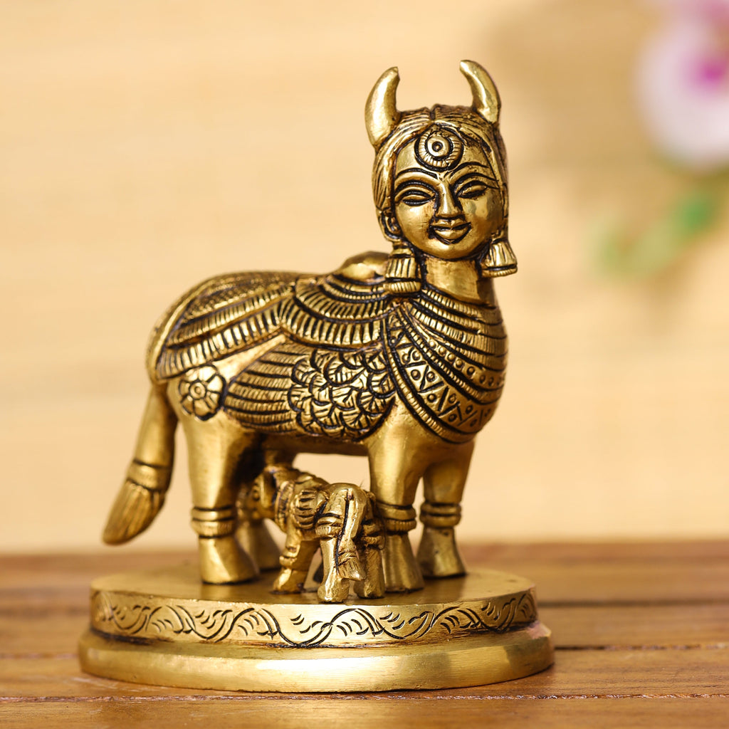 Brass Superfine Kamdhenu Cow With Calf Idol (4.5 Inch) Vedansh Craft