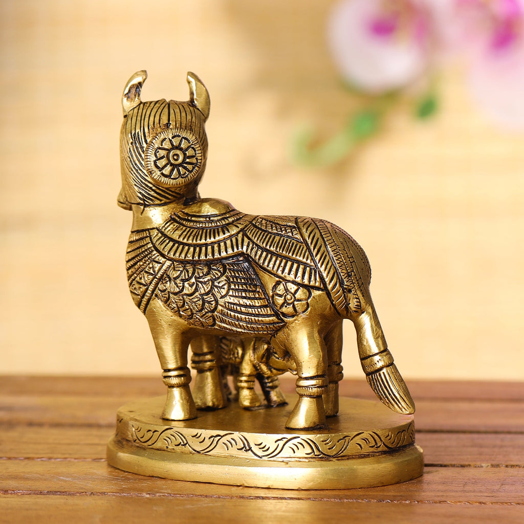Brass Superfine Kamdhenu Cow With Calf Idol (4.5 Inch) Vedansh Craft