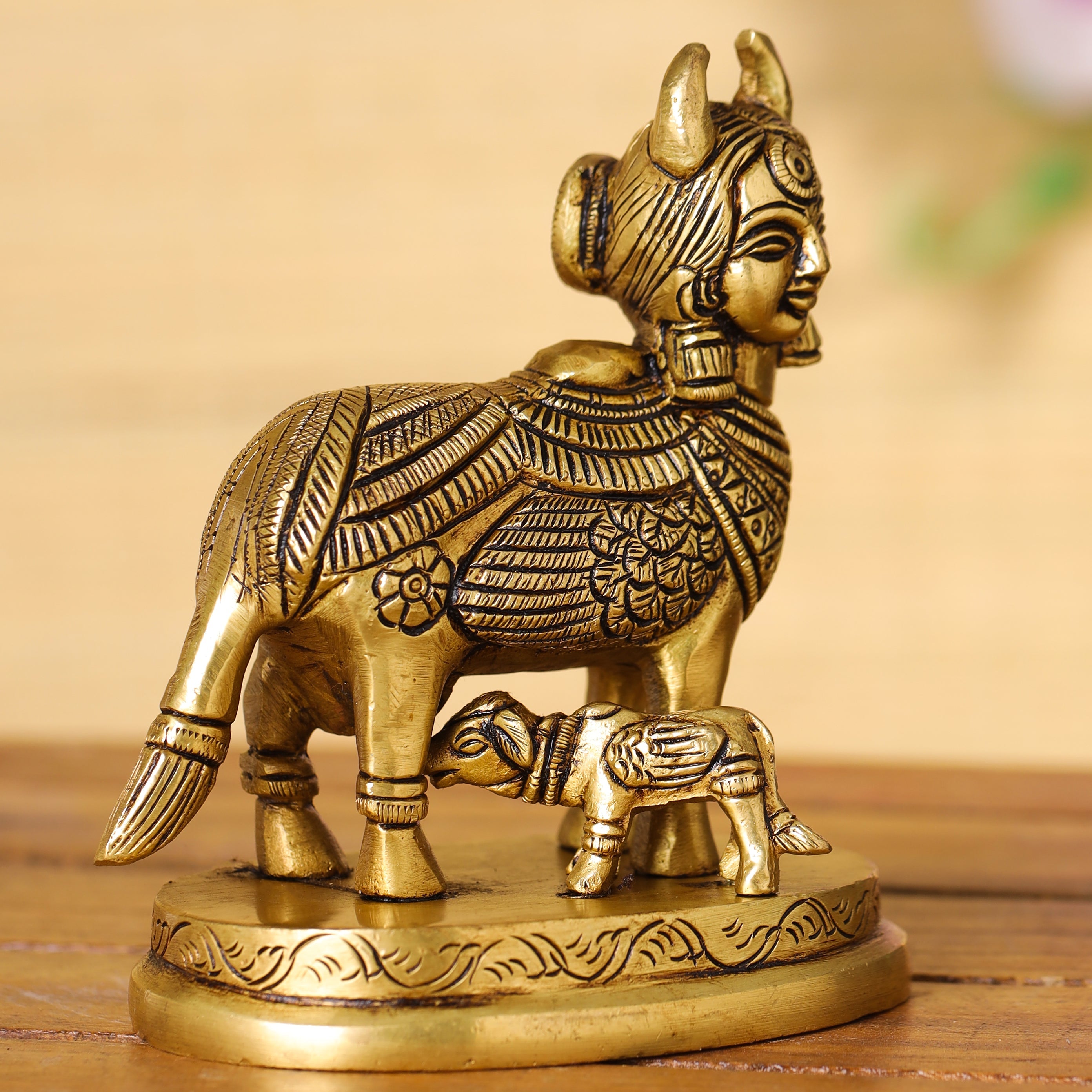 Brass Superfine Kamdhenu Cow With Calf Idol (4.5 Inch) Vedansh Craft