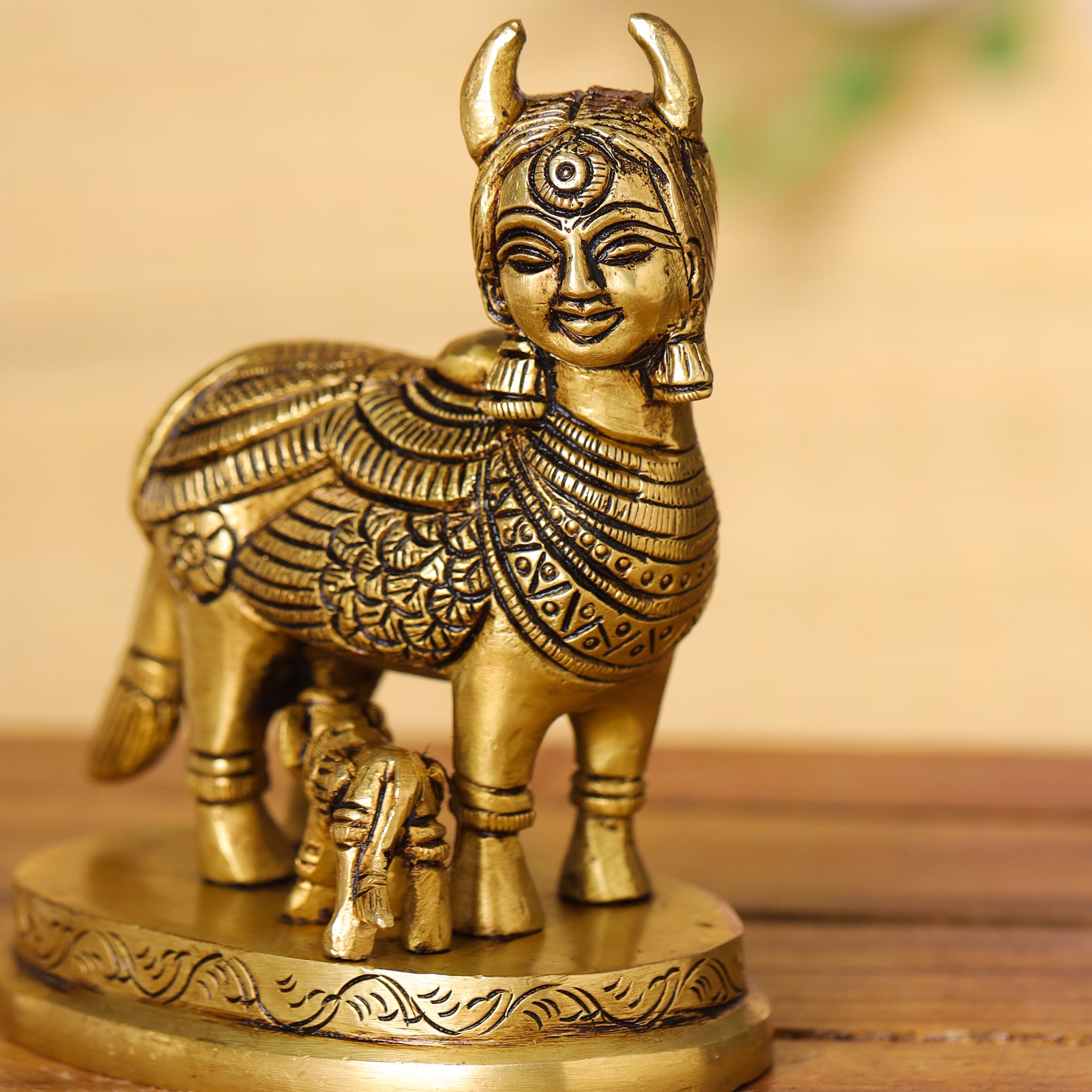 Brass Superfine Kamdhenu Cow With Calf Idol (4.5 Inch) Vedansh Craft