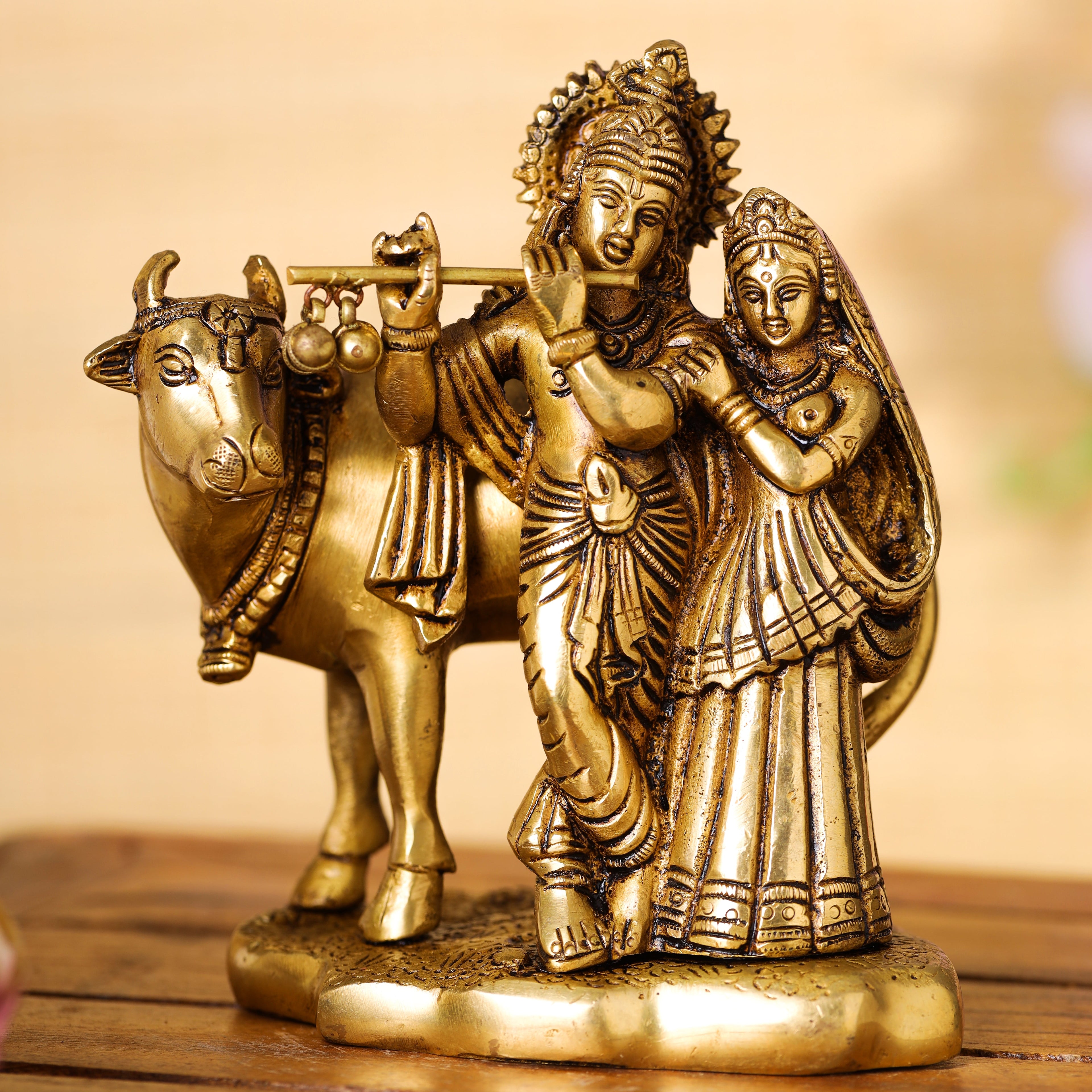 Brass Superfine Standing Radha Krishna With Cow Idol (6 Inch) Vedansh Craft