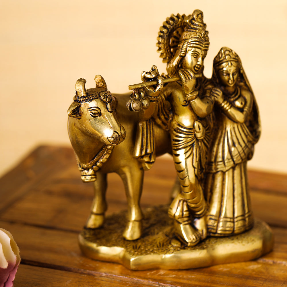 Brass Superfine Standing Radha Krishna With Cow Idol (6 Inch) Vedansh Craft