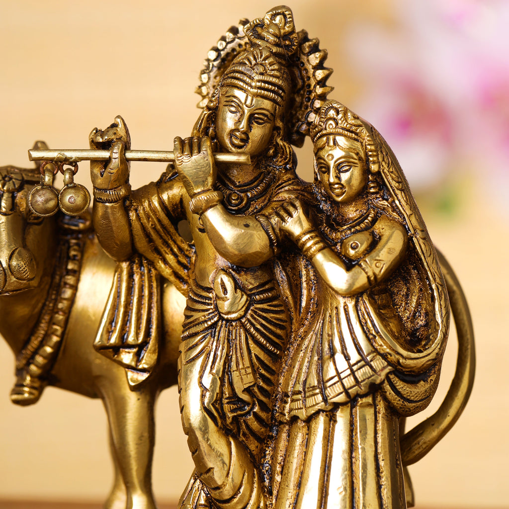 Brass Superfine Standing Radha Krishna With Cow Idol (6 Inch) Vedansh Craft