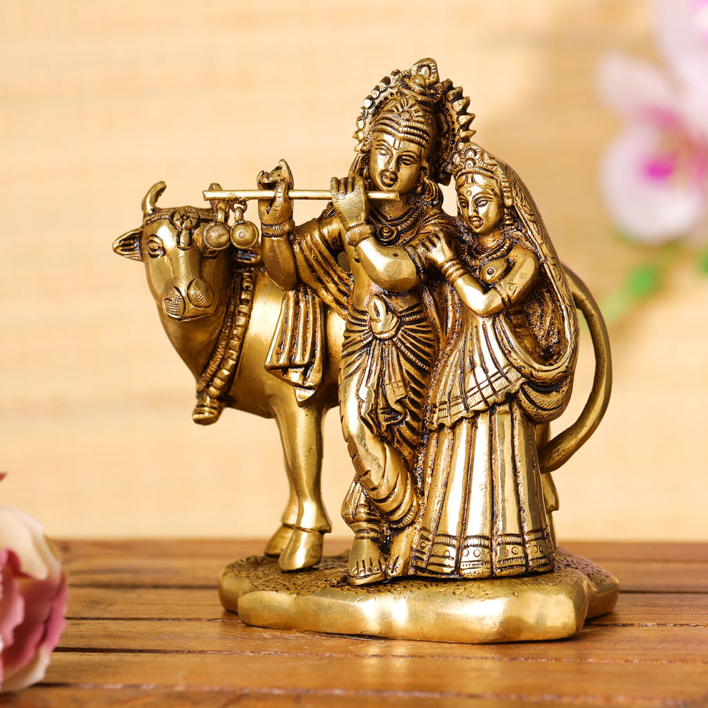Brass Superfine Standing Radha Krishna With Cow Idol (6 Inch) Vedansh Craft