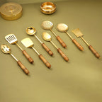Brass Kitchen Ladles With Wooden Handle Set (14.5 Inch) Vedansh Craft