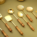 Brass Kitchen Ladles With Wooden Handle Set (14.5 Inch) Vedansh Craft
