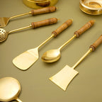 Brass Kitchen Ladles With Wooden Handle Set (14.5 Inch) Vedansh Craft