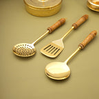 Brass Kitchen Ladles With Wooden Handle Set (14.5 Inch) Vedansh Craft